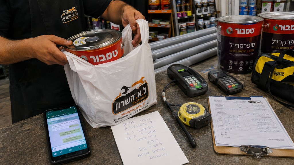 אריזת הזמנה לאיסוף — צוות החנות מכין שקית עם דלי טמבור לפי רשימה ווואטסאפ